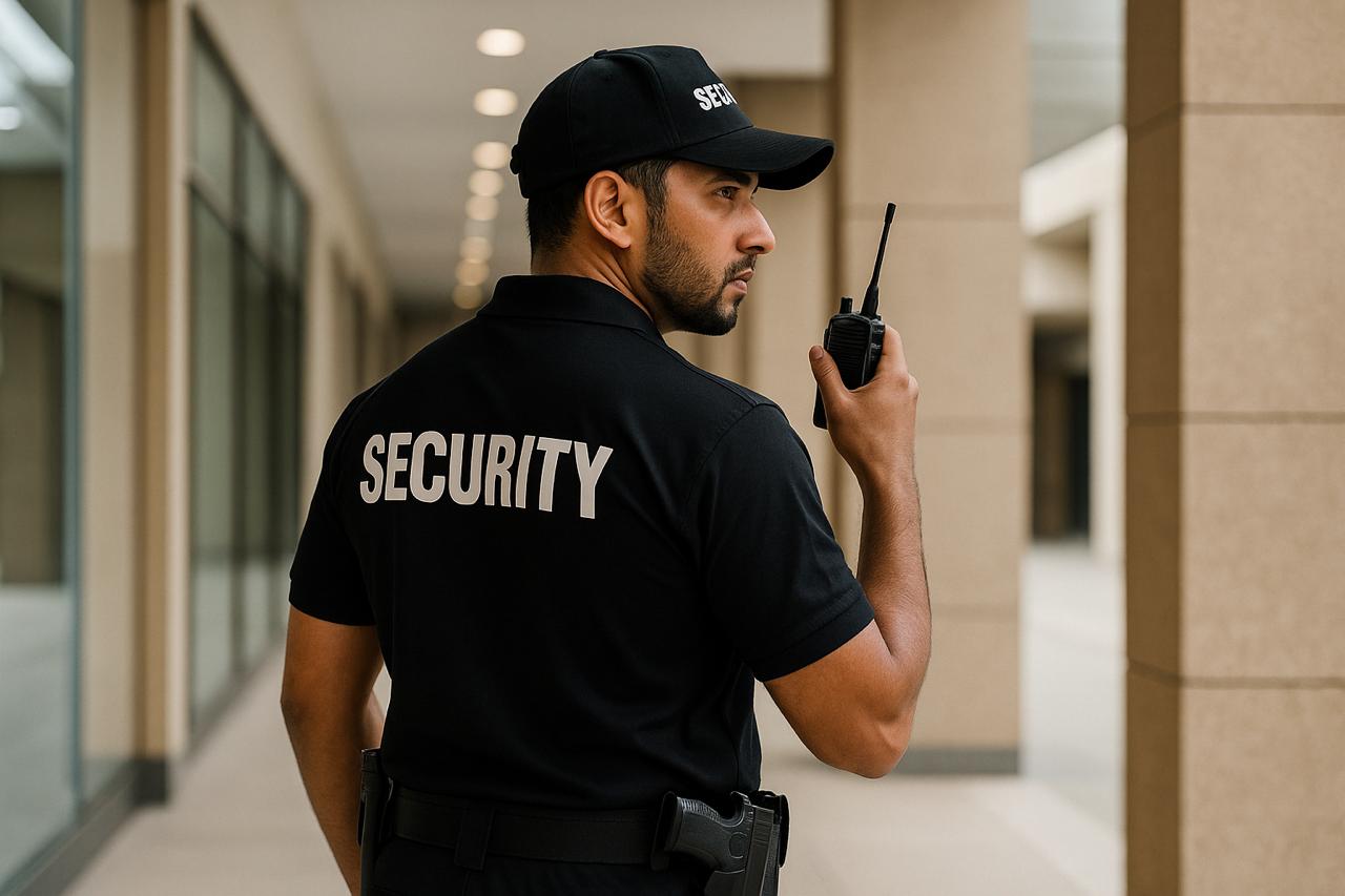 Professional security guards in uniform on patrol duty