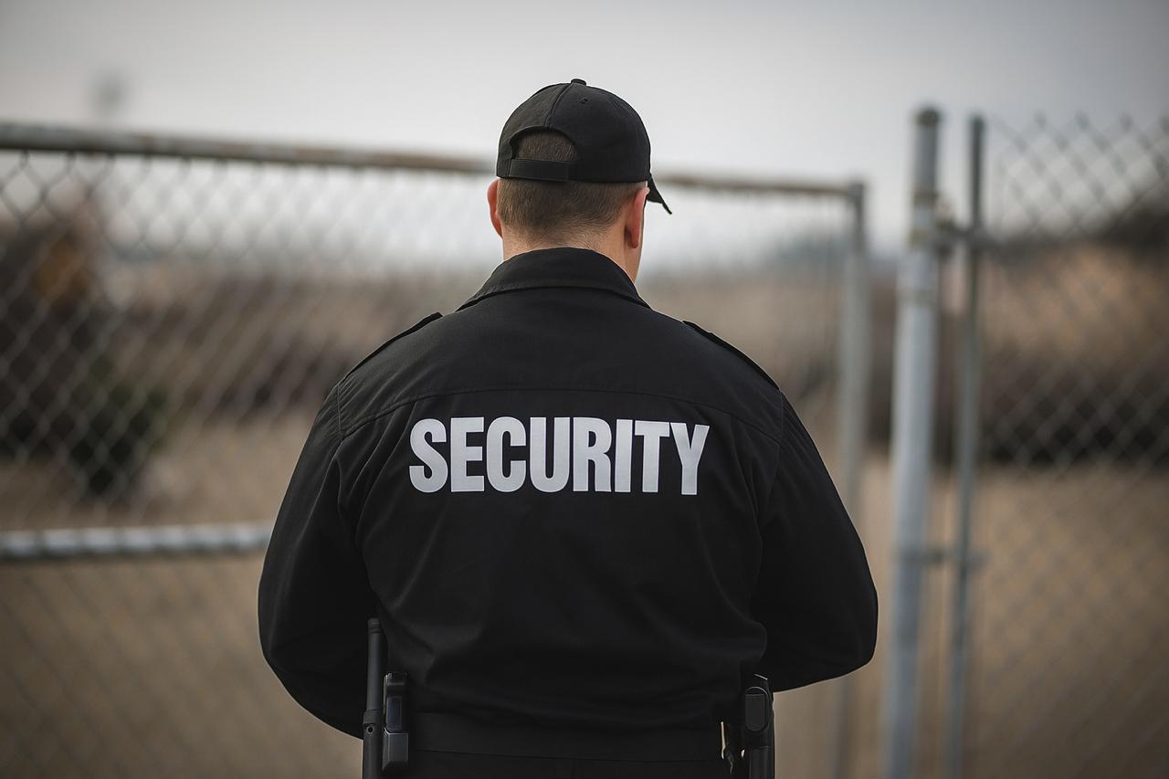 Security officer performing fire watch rounds on site