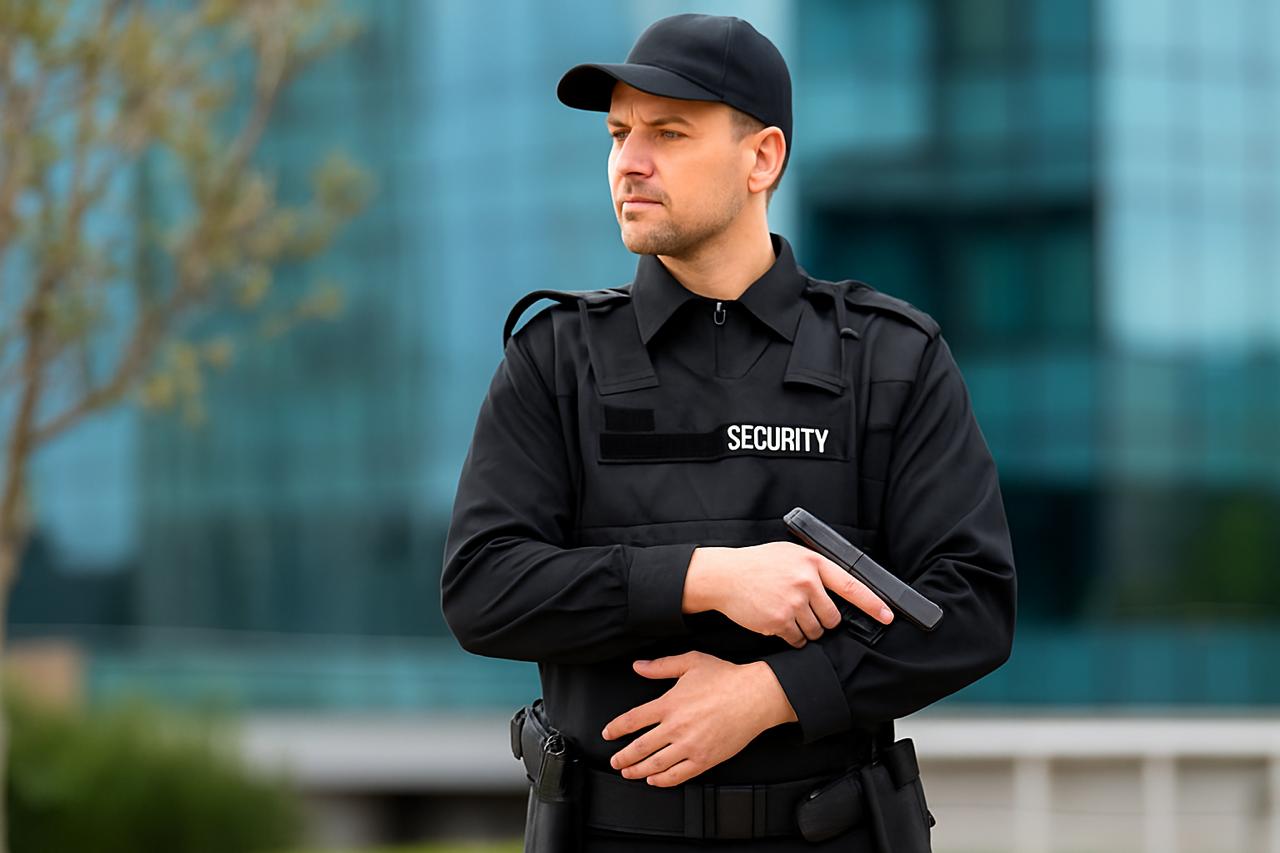 Armed security professional standing watch on duty